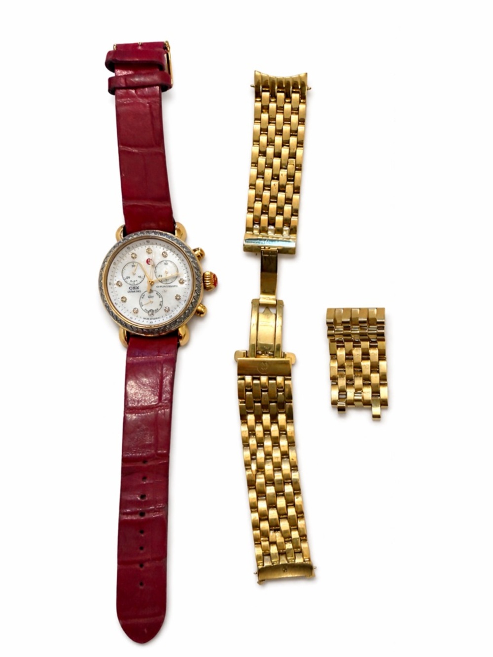 Michele CSX Gold-Tone Chronograph Watch w/Gold band & xtra links inc lthr Straps
